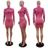 Sexy Solid Hole Long Sleeve Bodycon Mini Dress WY-6834