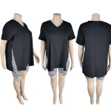 Plus Size Split V Neck T Shirt+Leopard Shorts 2 Piece Sets MUKF-055