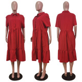 Plus Size Solid High Waist Big Swing Pleated Midi Dress WY-7112
