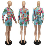 Floral Print V Neck Long Sleeve Top And Shorts 2 Piece Sets WSM-5268
