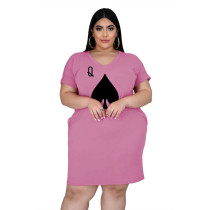 Plus Size Poker Print Short Sleeve Loose Dress MUKF-031