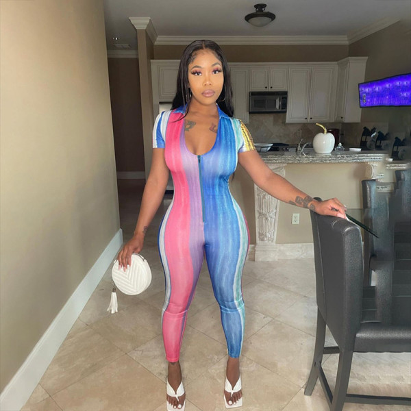 Sexy Colorful Short Sleeve Zipper Jumpsuit MUKF-025