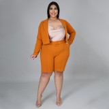 Plus Size Solid Blazer Coat Belted Shorts 2 Piece Sets NNWF-7257