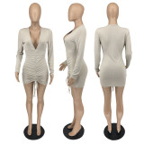 Sexy Ribbed Deep V Long Sleeve Drawstring Mini Dress XINF-60025