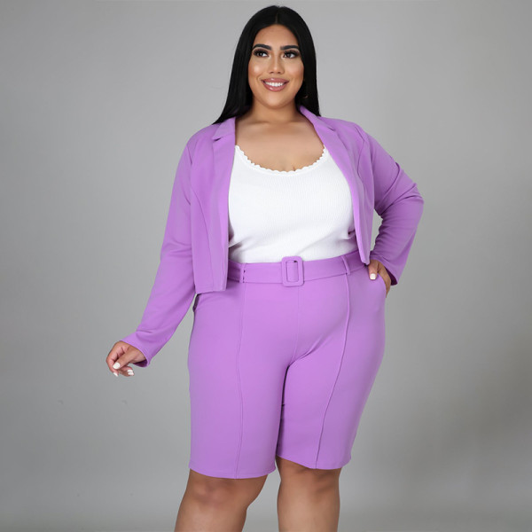 Plus Size Solid Blazer Coat Belted Shorts 2 Piece Sets NNWF-7257