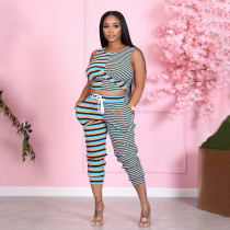 Casual Striped Sleeveless Two Piece Pants Set LSF-91175