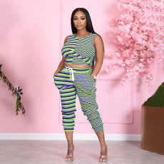 Casual Striped Sleeveless Two Piece Pants Set LSF-91175