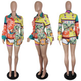 Casual Printed Long Sleeve Shirt+Shorts 2 Piece Suits (Without Hearscarf)YIY-5301