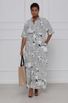 Plus Size Newspaper Print Short Sleeve Maxi Shirt Dress SFY-2129