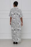 Plus Size Newspaper Print Short Sleeve Maxi Shirt Dress SFY-2129