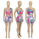 Sexy Printed One Shoulder Two Piece Short Sets WMEF-2039