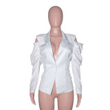 White Cold Shoulder Puff Sleeve Blazer Coat SH-390182