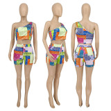 Sexy Printed One Shoulder Two Piece Short Sets WMEF-2039