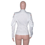 White Cold Shoulder Puff Sleeve Blazer Coat SH-390182