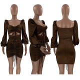 Sexy Ruched Long Sleeve Club Dress YN-88812