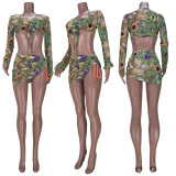 Floral Print Long Sleeve Mini Skirt 3 Piece Sets MDF-5225