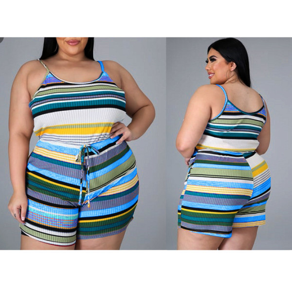 Plus Size Contrast Color Striped Camisole Shorts Two Piece Sets CXLF-KK850