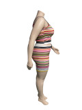 Plus Size Contrast Color Striped Camisole Shorts Two Piece Sets CXLF-KK850