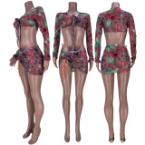 Floral Print Long Sleeve Mini Skirt 3 Piece Sets MDF-5225