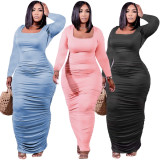 Plus Size Solid Square Collar Ruched Long Sleeve Maxi Dress XYF-9113