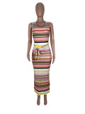Large Size Sleeveless Contrast Color Striped Print Dress CXLF-KK841