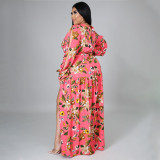 Plus Size Floral Print High Waist Big Swing Split Maxi Dress NNWF-7262