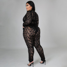 Plus Size Lace Perspective Bodysuit+Pants 2 Piece Sets NNWF-7264