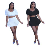 Fashion Solid Color Ruched Skirt Two Piece Sets CXLF-KK813