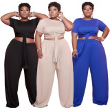 Plus Size Solid Tie-Up Top And Pants 2 Piece Sets CQF-90080