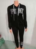 Pink Letter Embroidery Hooded Zipper 2 Piece Sets FST-FA7140