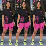 Pink Letter Print T Shirt And Shorts 2 Piece Sets FST-FA7201