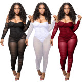 Plus Size Sexy Mesh See Through Long Sleeve Strap Jumpsuit YNSF-1656