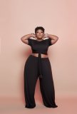 Plus Size Solid Tie-Up Top And Pants 2 Piece Sets CQF-90080