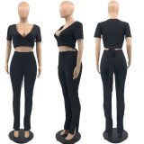 Solid V Neck Short Sleeve Two Piece Pants Set JRF-3643
