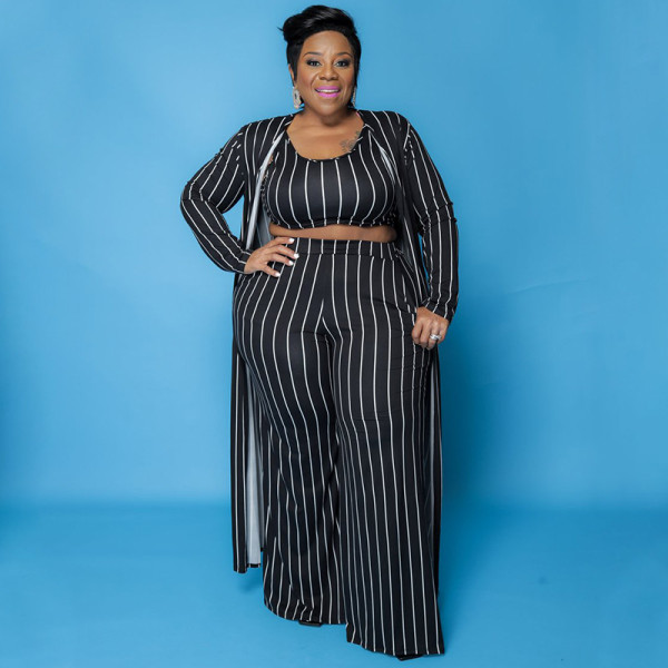 Plus Size Striped Tank Top+Long Cloak+Pants 3 Piece Sets NNWF-7266