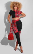 Plaid Print Short Sleeve Crop Top And Pants 2 Piece Sets BYMF-60060