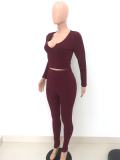 Solid Color Rib Long Sleeve Pants Two Piece Sets HTF-6075