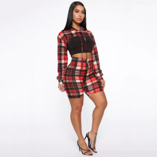 Plaid Patchwork Hooded Long Sleeve 2 Piece Shorts Set MDUO-M197