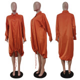 Solid Loose Long Sleeve Drawstring Hem Midi Dress WY-6838