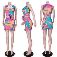 Fashion Print Tie-Up Sleeveless Skirt Two Piece Sets ASL-6388