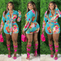Plus Size Floral Print Sexy Long Sleeve Shorts Two Piece Sets FNN-8626