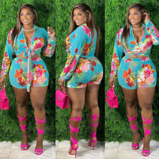 Plus Size Floral Print Sexy Long Sleeve Shorts Two Piece Sets FNN-8626