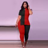 Plus Size Contrast Color Split Top And Pants 2 Piece Sets XSF-6066