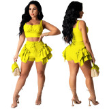 Solid Tank Top Ruffled Shorts Two Piece Sets ASL-6353