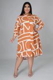 Plus Size Geometric Print Long Sleeve Shirt Dress BMF-074