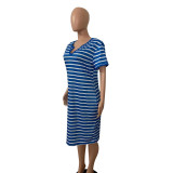 Plus Size Casual Striped Short Sleeve Midi Dress FST-7229