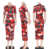 Camouflage Print Half Sleeve O Neck Slim Long Dress ASL-6168