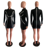 Plus Size Solid Long Sleeve Zipper Mini Dress BYMF-60067