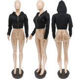 Black Hooded Zipper Long Sleeve Cropped Coat WSYF-5893