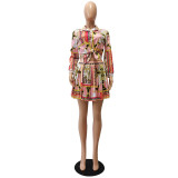 Sexy Printed Shirt Top+Pleated Mini Skirt 2 Piece Sets CM-2149